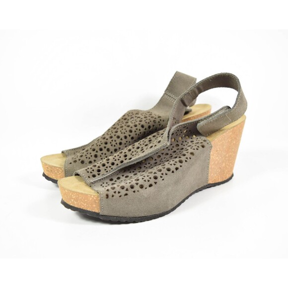 Bio Gold Taupe Suede Cut Out Cork Wedge Slingback Open Toe Sandals Sz 8 - Picture 3 of 6